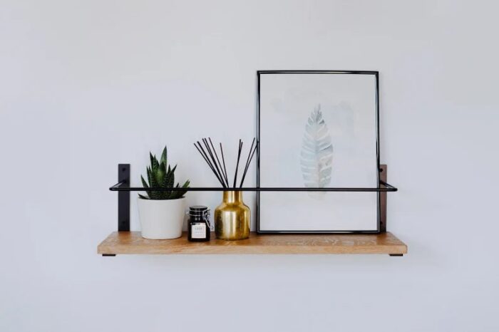 Modern Wooden Wall Shelf with Black Metal Frame